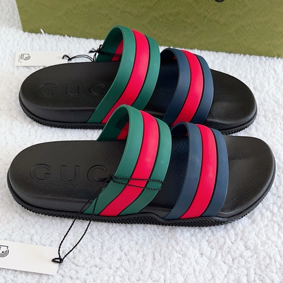 Authentic Gucci Men's Agrado Rubber Double Strap Stripe Slides Sandals - Picture 12 of 16
